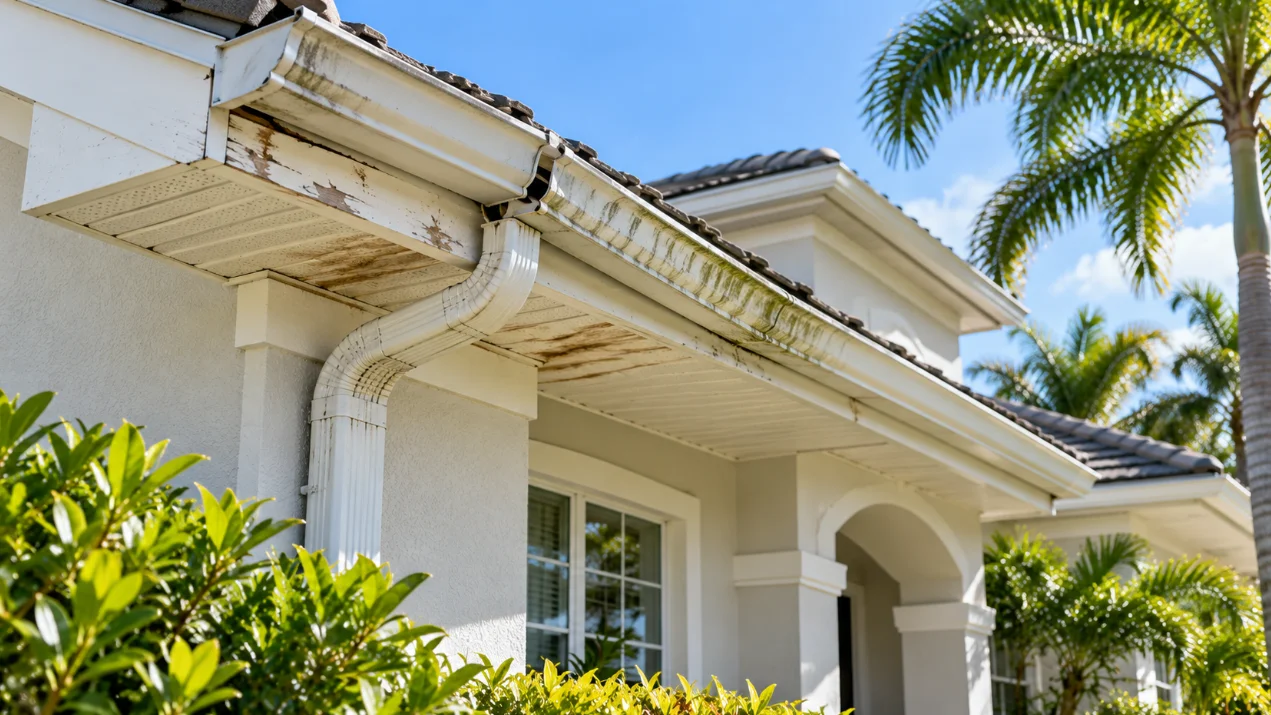 Stained, aging gutter and water-marked soffit on a Florida stucco home