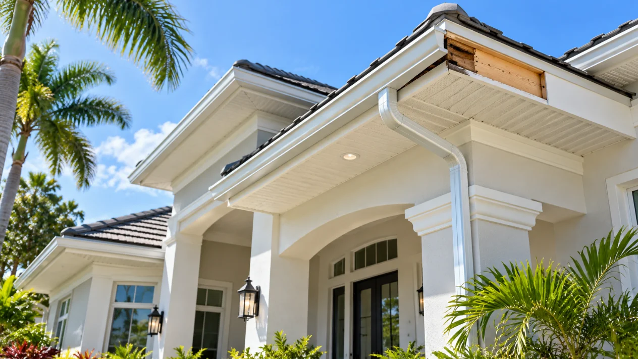 Rotted fascia board exposed at the roofline corner of a white Florida home